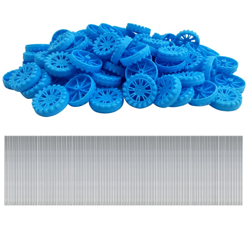 EUDAX 300 PCS 30mmx8mm Plastic Roll 2mm Dia Shaft Toys Wheel and 2mmx100mm STEM Shaft Round Rod Axles for DIY Toy RC Car Truck Boat Helicopter Model Part Building Projects (Blue) - Image 1